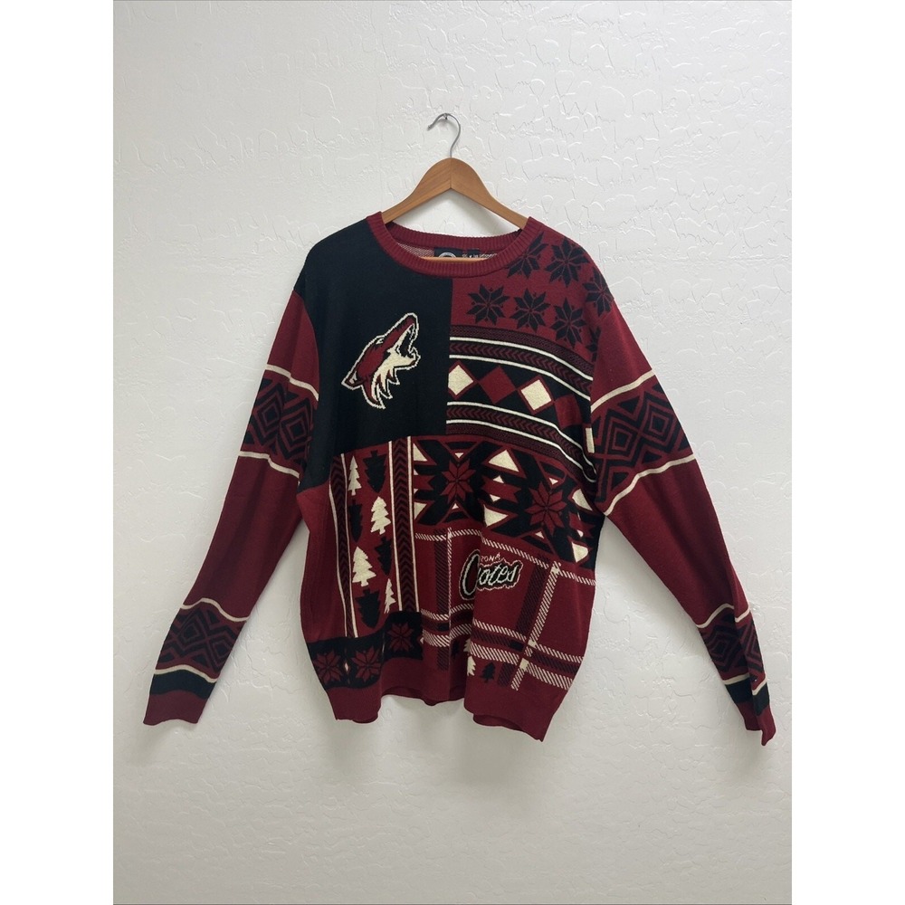NHL Arizona Coyotes Ugly Christmas Sweater Mens XXL Maroon Black Patchwork Knit